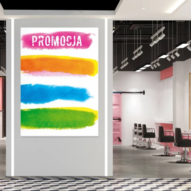 Tablica magnetyczna suchościeralna z nadrukiem kolorowych pasów i napisem PROMOCJA we wnętrzu salonu fryzjerskiego