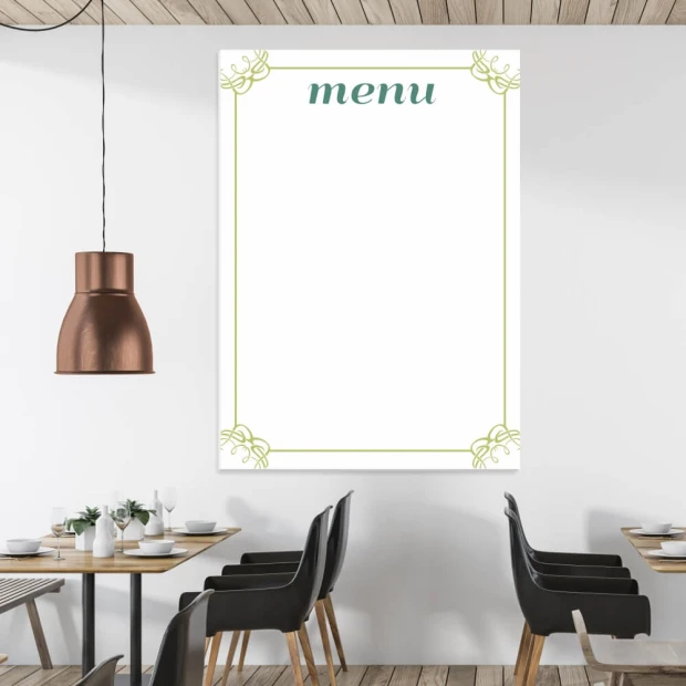 Tablica suchościeralna we wnętrzu z nadrukiem ozdobnej ramki i napisem menu u góry