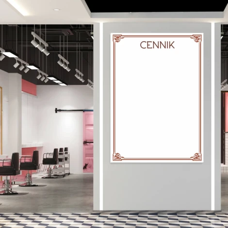 Elegancka tablica suchościeralna 033 z cennikiem w nowoczesnym salonie, idealna do organizacji przes