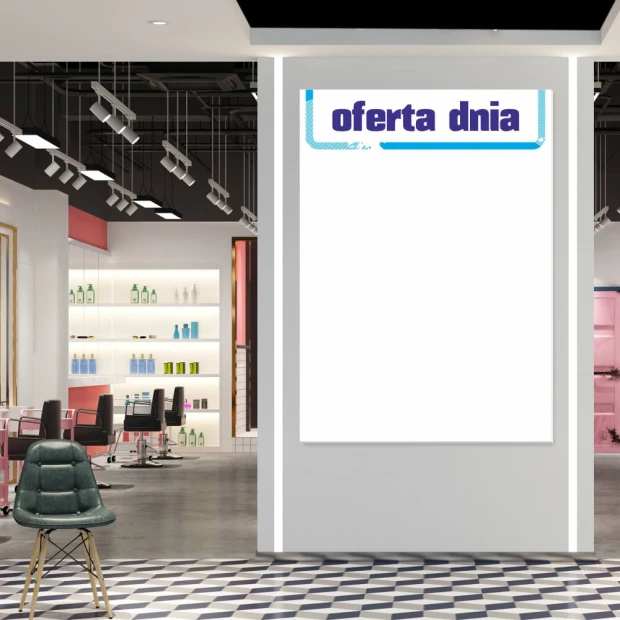 Tablica suchościeralna magnetyczna z nadrukiem oferta dnia we wnętrzu salonu kosmetycznego