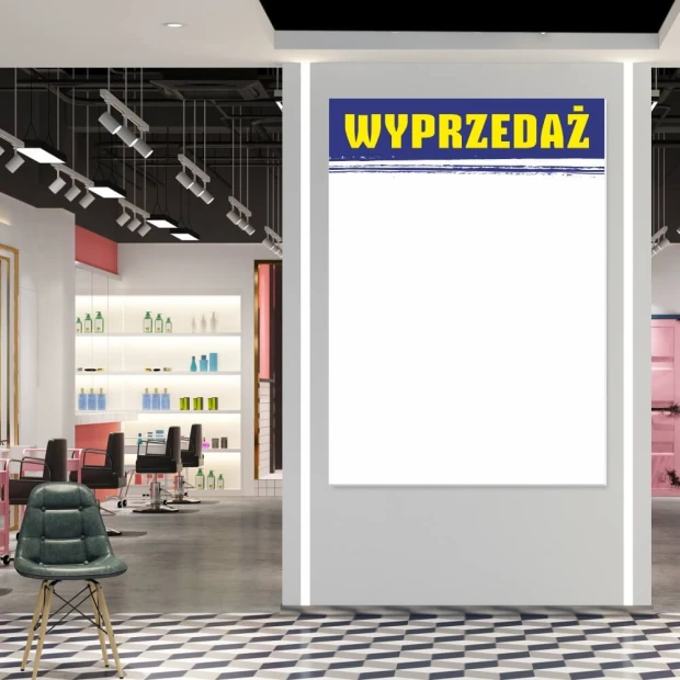 Tablica suchościeralna magnetyczna z nadrukiem WYPRZEDAŻ we wnętrzu sklepu
