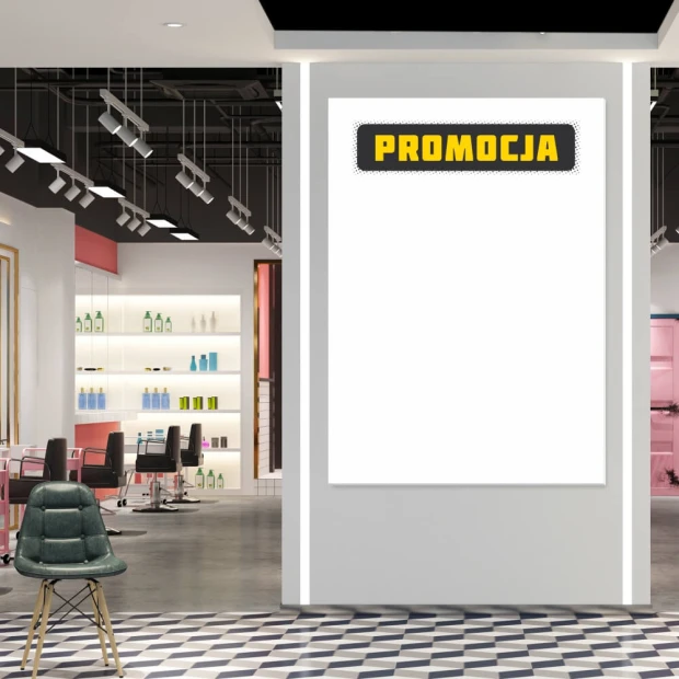 Tablica suchościeralna magnetyczna z przykładowym nadrukiem PROMOCJA we wnętrzu salonu kosmetycznego