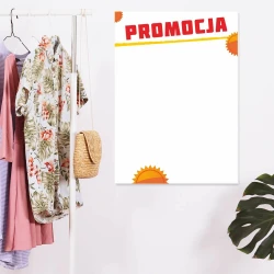 Tablica suchościeralna magnetyczna 026 promocja - Wzór graficzny. Biała powierzchnia z czerwonym napisem i żółtymi słońcami