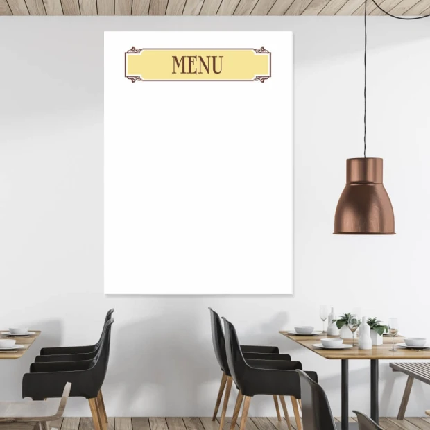 Tablica suchościeralna magnetyczna 029 menu - Aranżacja w restauracji. Ściany w jasnym kolorze, drewniane elementy