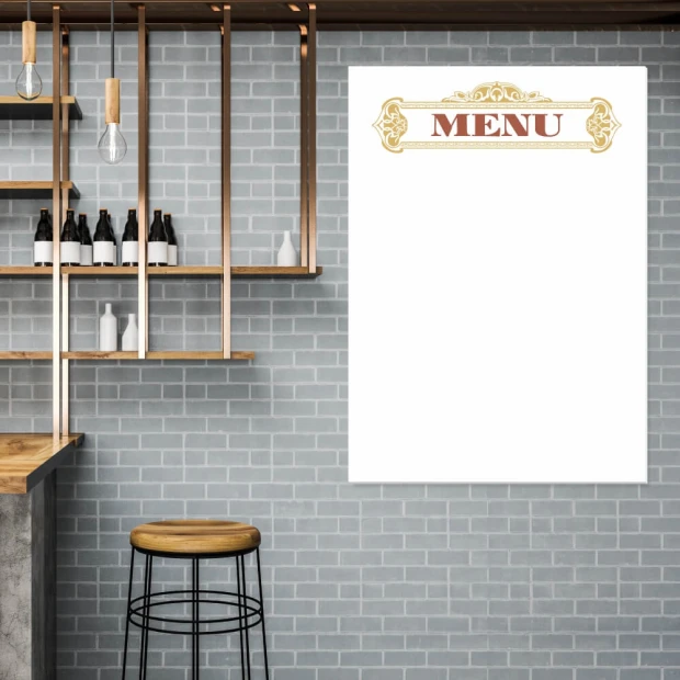 Tablica suchościeralna magnetyczna z przykładowym nadrukiem ozdobnego nagłówka MENU we wnętrzu lokalu
