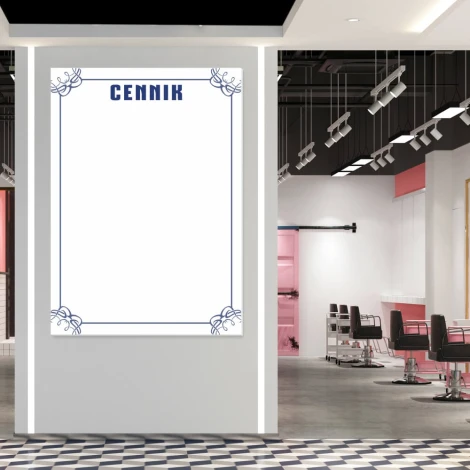 Tablica suchościeralna magnetyczna 034 cennik - Aranżacja w salonie fryzjerskim. Ściany w jasnych kolorach, podłoga