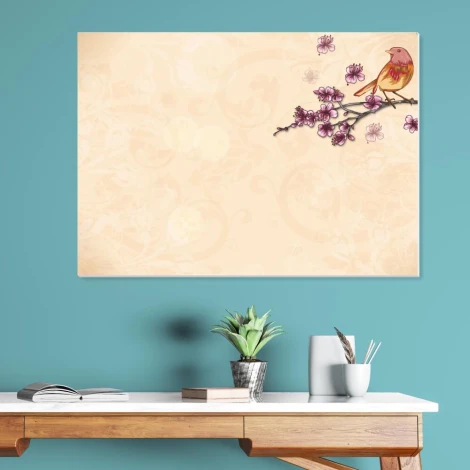 Tablica suchościeralna 01X 086 bonsai - Wzór graficzny. Na tle jasnym widoczna gałąź z kwiatami i ptakiem