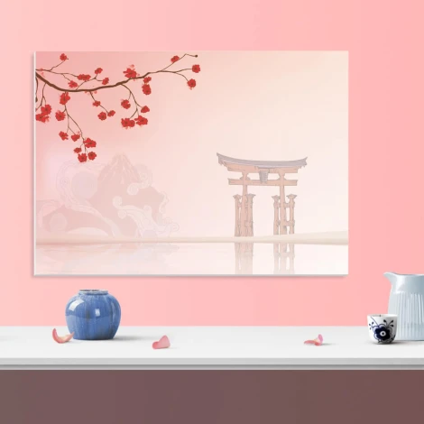 Tablica suchościeralna 01X 087 gałąź - Wzór graficzny. Na tle jasnoróżowym widoczne są gałęzie z czerwonymi kwiatami