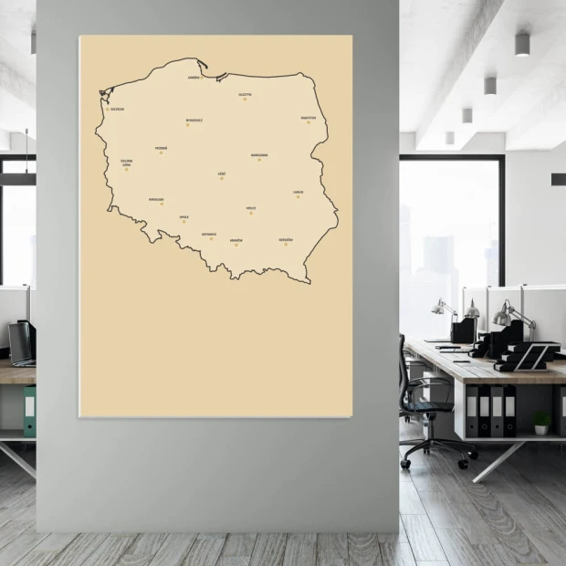 Tablica suchościeralna mapa Polski 239 - Wzór graficzny. Kontur Polski z nazwami miast na jasnym tle