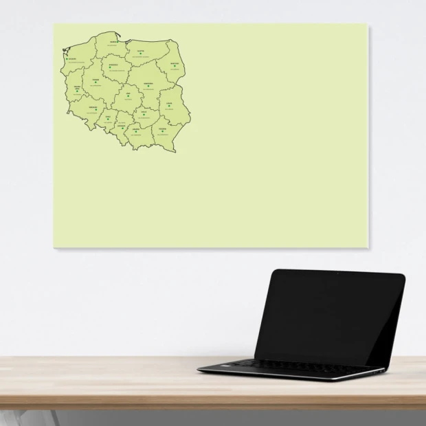 Tablica suchościeralna z nadrukiem mapy Polski z podziałem na województwa we wnętrzu