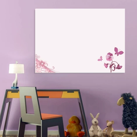 Tablica suchościeralna 01X 047 kwiaty motyl - Wzór graficzny. Na białym tle znajdują się różowe motyle i kwiaty