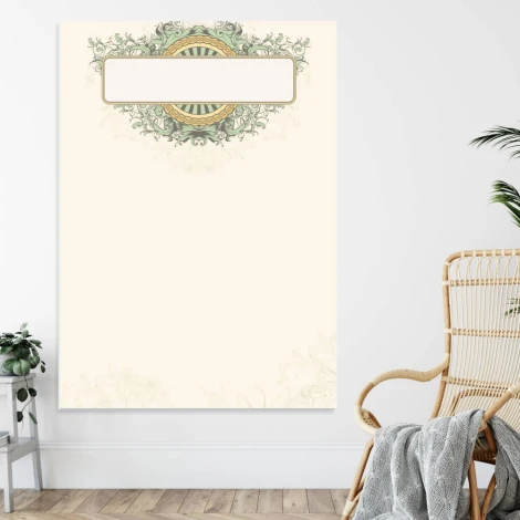 Tablica suchościeralna 01X 076 florale - Wzór graficzny. Grafika z delikatnymi, zielonymi ornamentami i złotym okręgiem