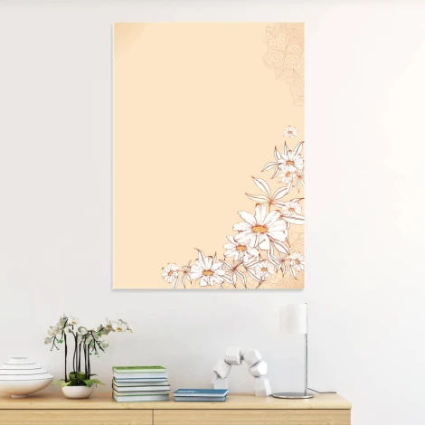 Tablica suchościeralna 01X 083 białe kwiaty - Wzór graficzny. Na jasnym tle znajdują się białe kwiaty z delikatnymi