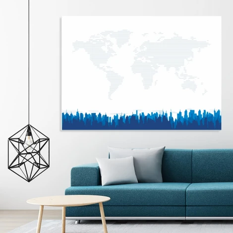 Tablica suchościeralna miasto 007 - Aranżacja w nowoczesnym salonie. Ściany w jasnym kolorze, meble w odcieniach