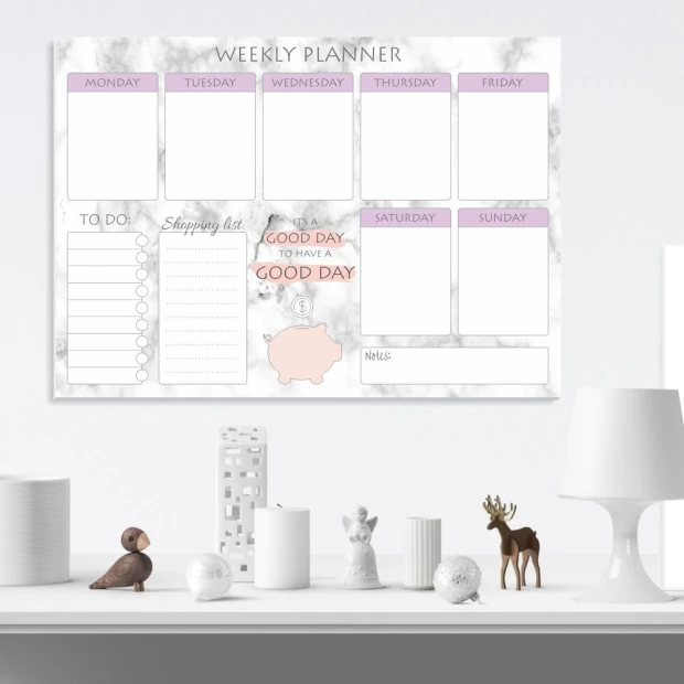 Tablica suchościeralna Weekly planner 413 - Aranżacja w biurze. Ściany w jasnym kolorze, minimalistyczne meble