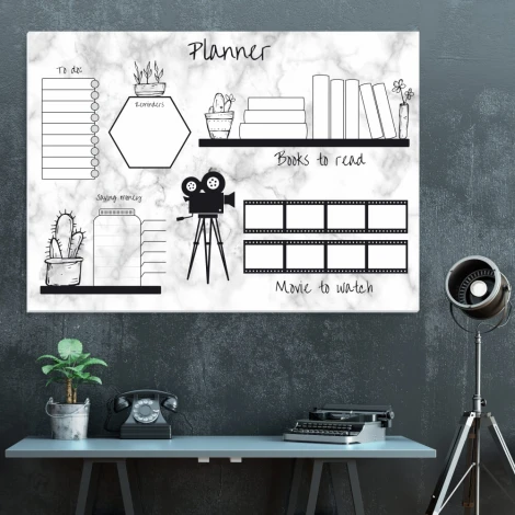 Tablica suchościeralna Weekly planner 421 - Wzór graficzny. Grafika przedstawia różne elementy organizacyjne, w tym listy