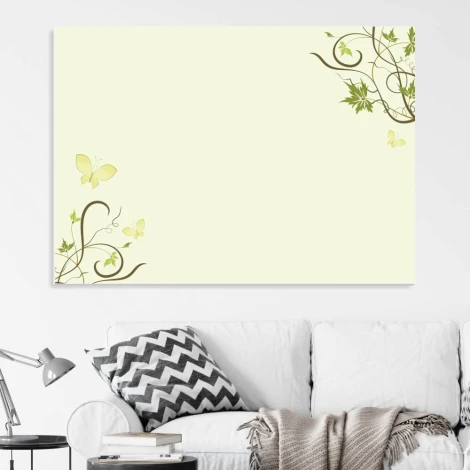 Tablica suchościeralna 01X 061 liście motyle - Wzór graficzny. Na jasnym tle znajdują się motyle i liście w odcieniach