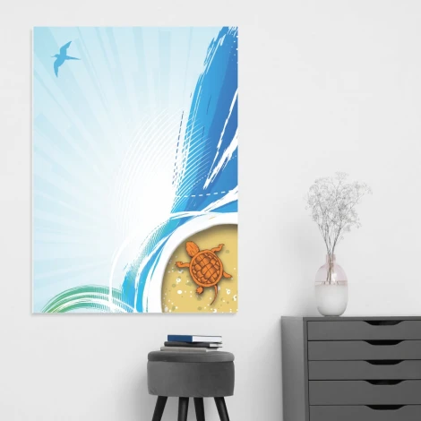 Tablica suchościeralna 01X 090 żółw - Wzór graficzny. Grafika przedstawia żółwia na tle falistych linii w odcieniach