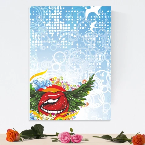 Tablica suchościeralna 01X 095 usta - Wzór graficzny. Grafika przedstawia usta z zielonymi skrzydłami na tle niebieskich kół