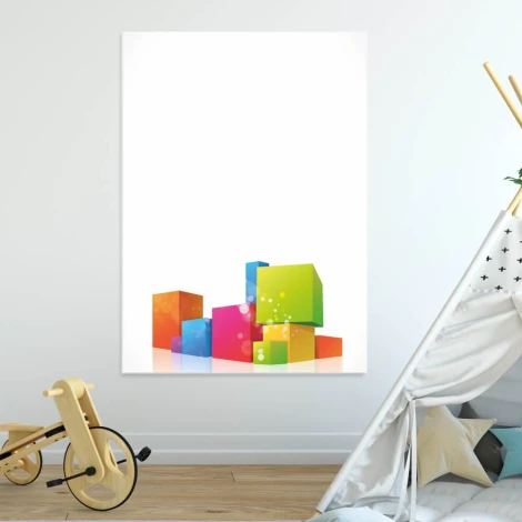 Tablica suchościeralna 01X 096 abstrakcja - Wzór graficzny. Kolorowe sześciany w różnych rozmiarach na białym tle