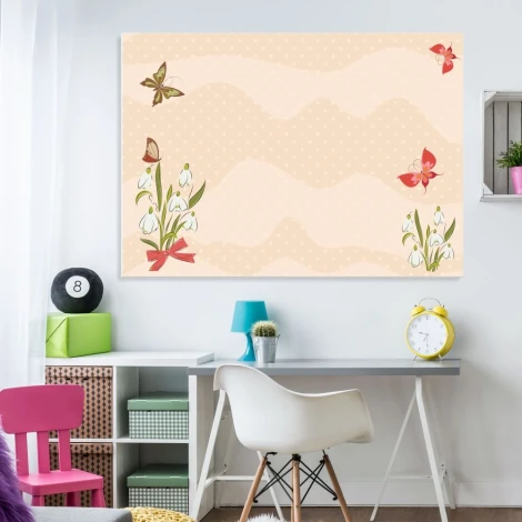 Tablica suchościeralna 137 motyle kwiaty - Aranżacja w biurze. Ściany w jasnych kolorach, meble w pastelowych odcieniach