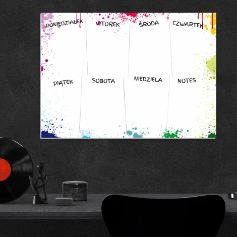 Tablica suchościeralna plan tygodnia 418 - Wzór graficzny. Prosta kompozycja z napisami dni tygodnia i kolorowymi plamami