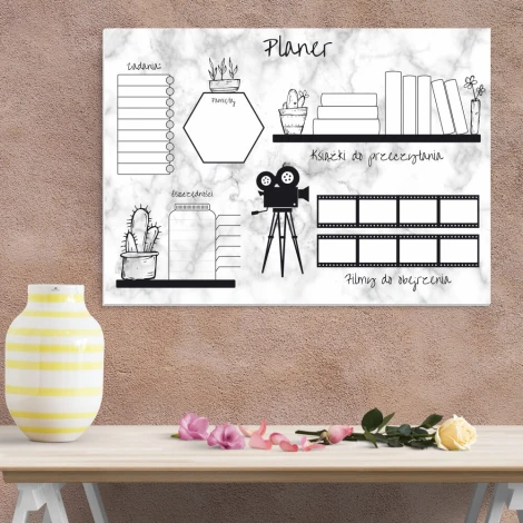Tablica suchościeralna planer tygodniowy 422 - Wzór graficzny. Grafika przedstawia różne elementy organizacyjne, takie jak
