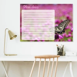 Plan dnia tablica suchościeralna motyl 366 - Wzór graficzny. Motyl na tle różowych kwiatów z liniami do pisania