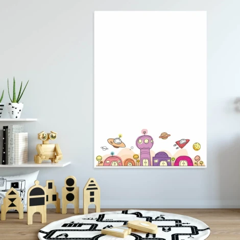 Tablica dla dzieci suchościeralna kosmiczna przygoda 311 - Wzór graficzny. Grafika przedstawia kolorowe domki, planety