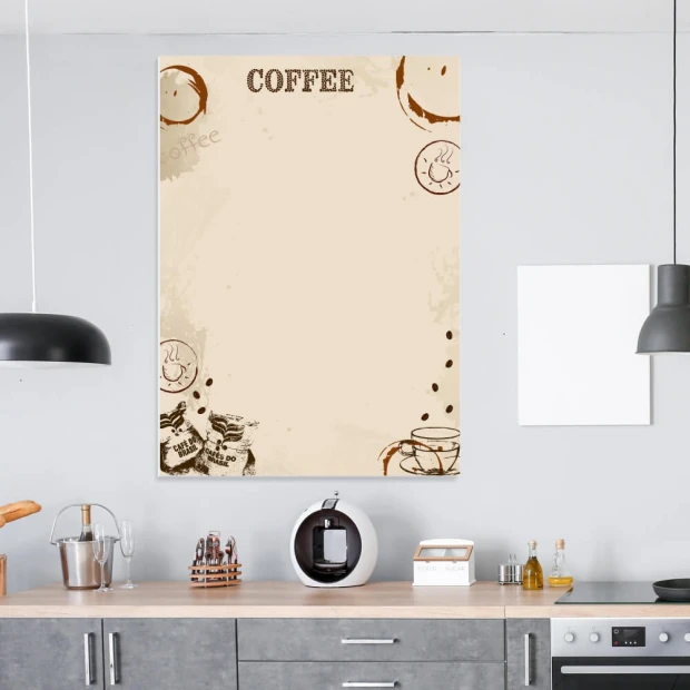 Tablica suchościeralna coffee 550 - Aranżacja w kuchni. Szare meble i jasne ściany