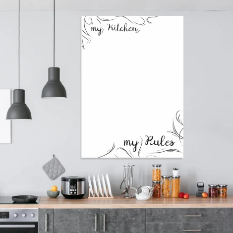 Tablica suchościeralna do kuchni My kitchen my rules 530 - Wzór graficzny. Grafika z napisem my Kitchen i my Rules