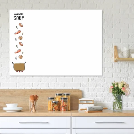 Tablica suchościeralna do kuchni vegetable soup 541 - Wzór graficzny. Grafika przedstawia garnuszek z warzywami i napisem
