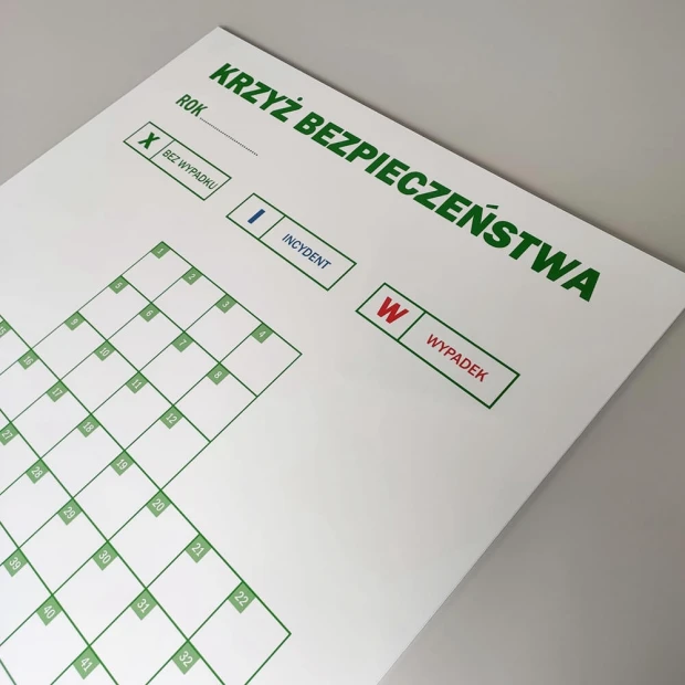 Krzyż bezpieczeństwa roczny, tablica magnetyczna suchościeralna lean 137 - Wzór graficzny. Grafika zawiera siatkę z datami
