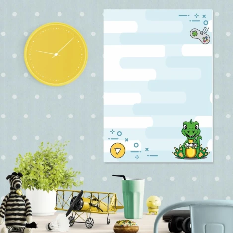 Tablica suchościeralna dla dzieci dinozaur 567 - Aranżacja w pokoju dziecięcym. Ściany w jasnym kolorze z białymi kropkami