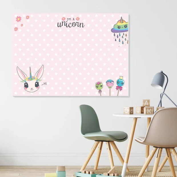 Tablica suchościeralna dla dzieci unicorn 519 - Wzór graficzny. Różowe tło z białymi gwiazdkami, postacie jednorożca