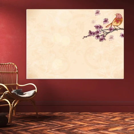 Drzewko bonsai tablica suchościeralna magnetyczna 086 - Wzór graficzny. Na tle jasnym znajduje się gałąź z kwiatami