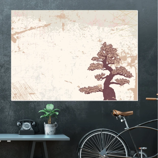 Tablica suchościeralna magnetyczna z nadrukiem drzewa bonsai na teksturowanym tle we wnętrzu