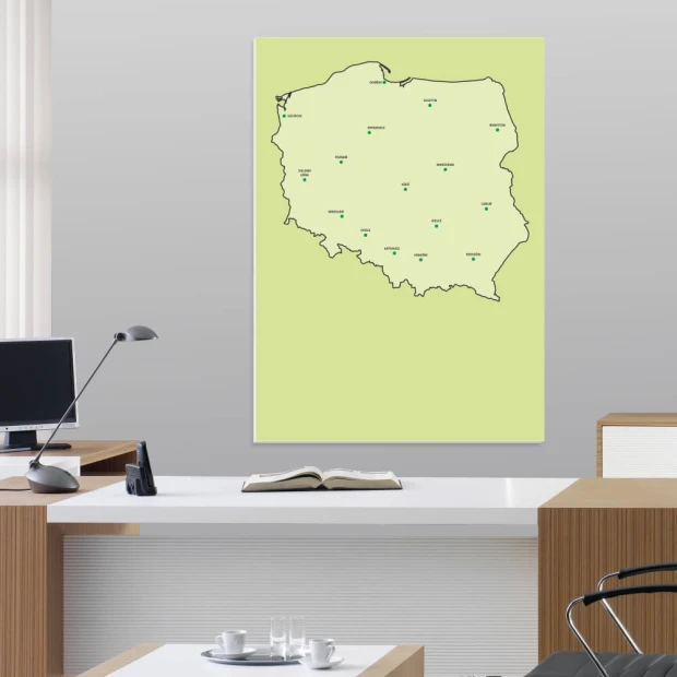 Magnetyczna tablica suchościeralna mapa Polski 239 - Aranżacja w biurze. Ściany w jasnym kolorze, nowoczesne meble