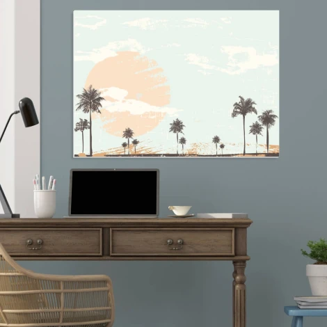 Palmy tablica suchościeralna magnetyczna 088 - Aranżacja w biurze. Ściany w jasnym kolorze, drewniane meble i rośliny