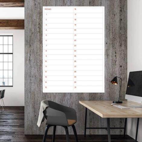 Tablica magnetyczna planer miesięczny suchościeralny 369 - Aranżacja w biurze. Ściany w odcieniach szarości, drewniane