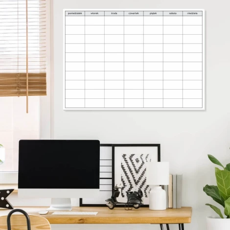 Tablica suchościeralna magnetyczna 038 plan tygodnia - Aranżacja w biurze. Ściany w jasnym kolorze, drewniane meble