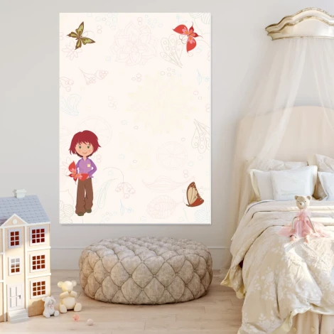 Tablica magnetyczna suchościeralna dla dzieci dziewczynka, motyle 142 - Aranżacja w pokoju dziecięcym. Ściany w jasnych