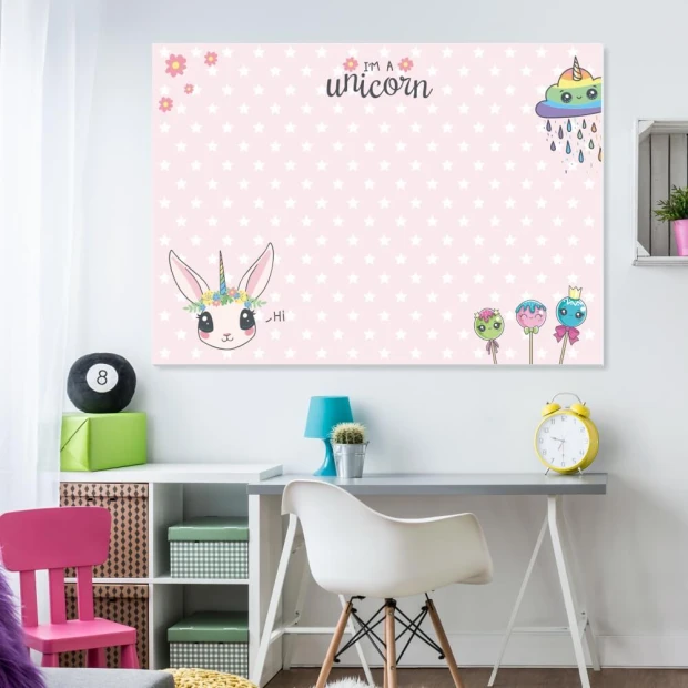 Tablica magnetyczna suchościeralna dla dzieci unicorn 519 - Wzór graficzny. Różowe tło z białymi gwiazdkami, postacie