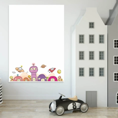 Tablica dla dzieci magnetyczna suchościeralna kosmiczna przygoda 311 - Wzór graficzny. Grafika przedstawia kolorowe budynki