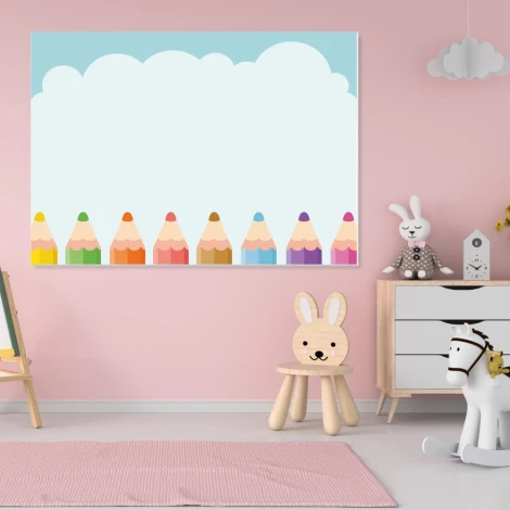 Tablica magnetyczna dla dzieci suchościeralna kredki 303 - Aranżacja w pokoju dziecięcym. Ściany w jasnym różowym kolorze