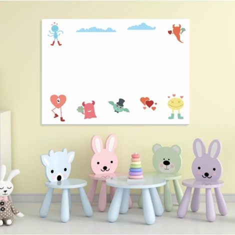 Tablica magnetyczna suchoscieralna dla dzieci potworki 117 - Wzór graficzny. Na białym tle znajdują się kolorowe postacie