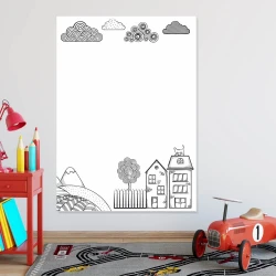 Tablica magnetyczna suchościeralna dla dzieci domki 494 - Wzór graficzny. Na białym tle znajdują się chmurki, domki, drzewo