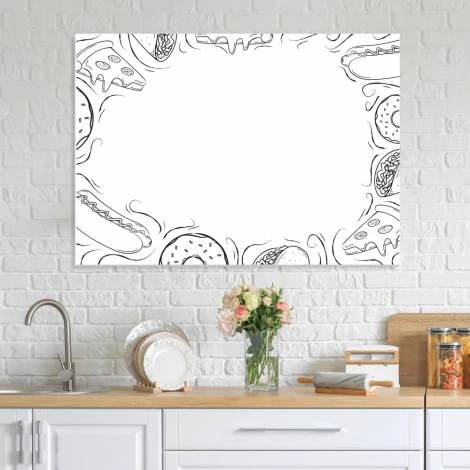 Tablica magnetyczna suchościeralna do kuchni fast food 537 - Wzór graficzny. Obrysowane jedzenie w formie burgerów, hot