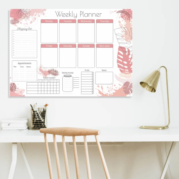 Tablica magnetyczna suchościeralna Weekly planner 415 - Wzór graficzny. Grafika z liśćmi i pastelowymi plamami, pola na dni