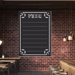 Tablica kredowa z nadrukiem menu 002 - Aranżacja w restauracji. Ciemne cegły i drewniane meble
